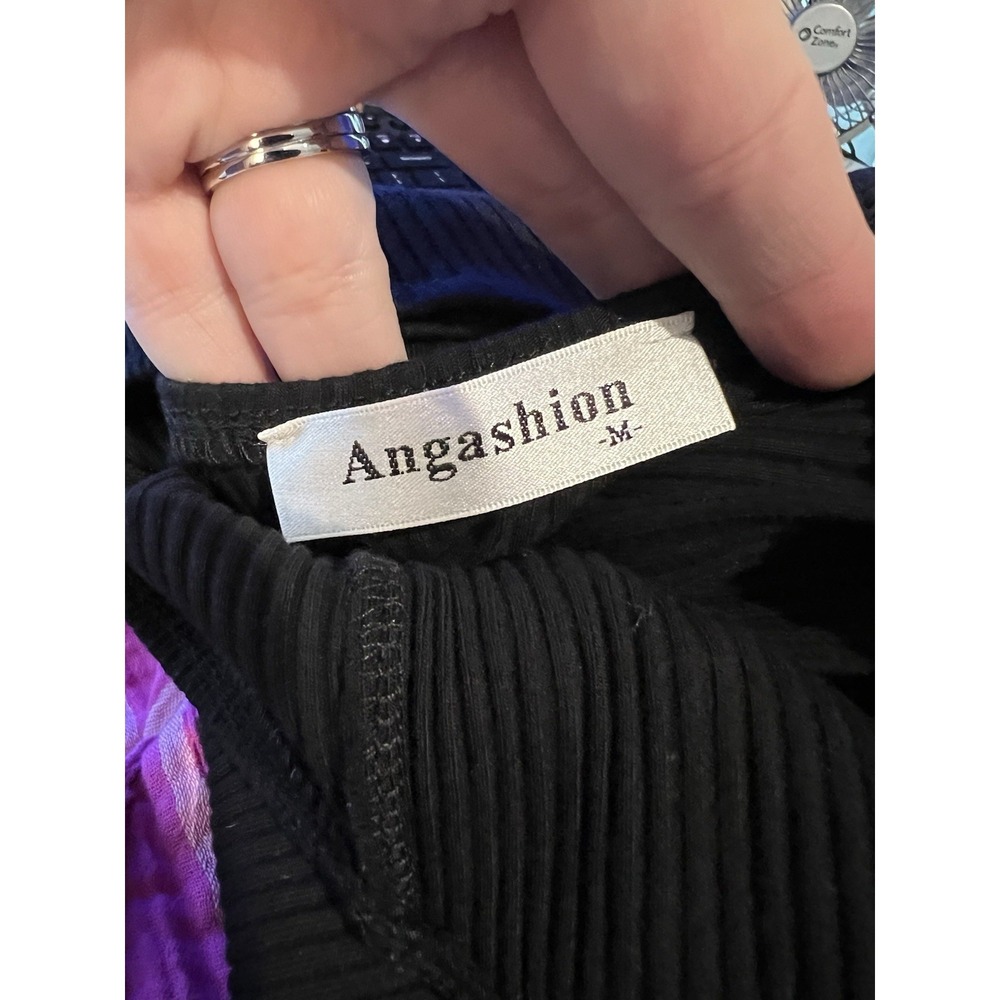 Angashion Women's Medium Black Top Ribbed With Long‎ Chiffon Sleeves Dot - Picture 6 of 6